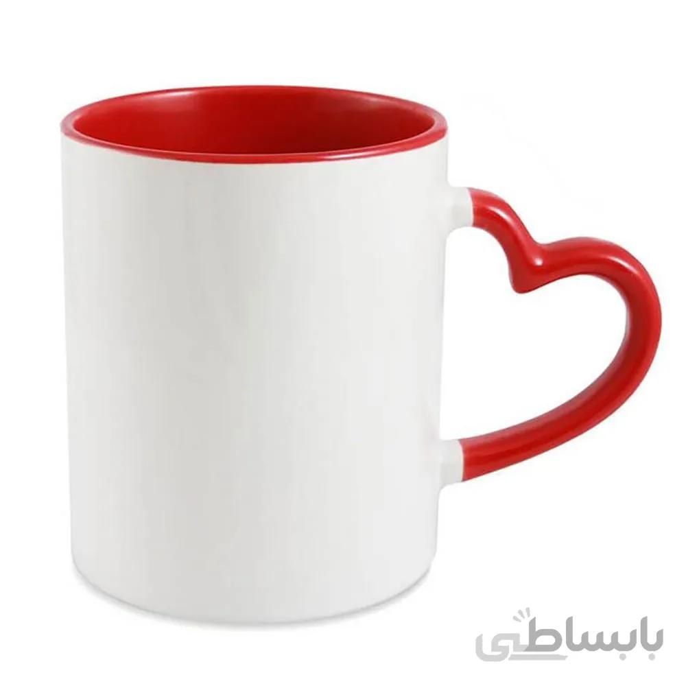 چاپ عکس دلخواه روی لیوان سفید دسته قلبی قرمز