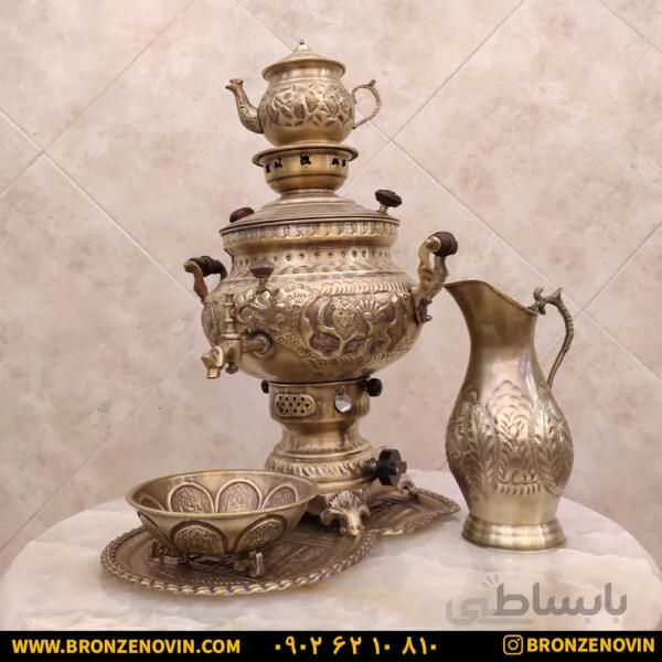 سماور شیر و خورشید برنجی گازی آنتیک ۸ لیتری با سرویس