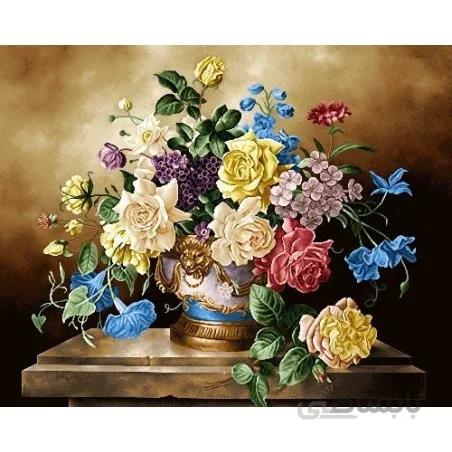 نخ و نقشه تابلو فرش گل کد 28 طرح گلدان طلایی