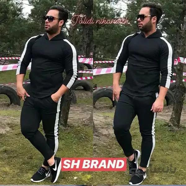 ست مردانه کد 215 هودی و شلوار طرح تک خط جنس دورس رنگ مشکی ا Men's set, code 215, hoodies and pants, single-line design, Dors black color