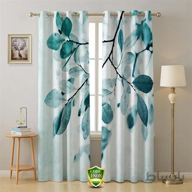 پرده پانچی کد 1808-3d-b طرح سه بعدی برگ سبز آبی