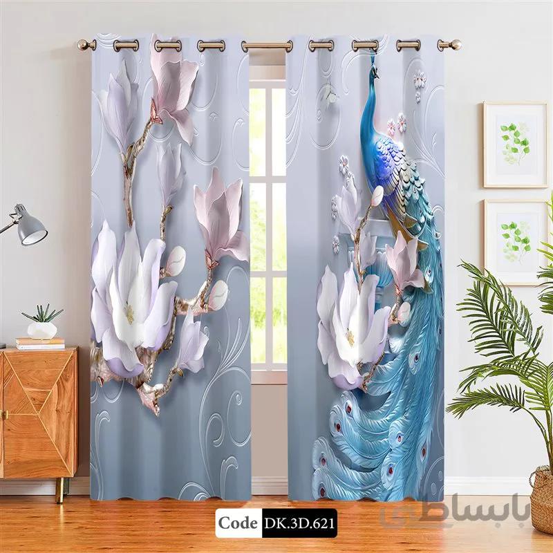 پرده پانچی (هازان و مخمل)کد DK.3D.621 طرح سه بعدی گل و طاووس