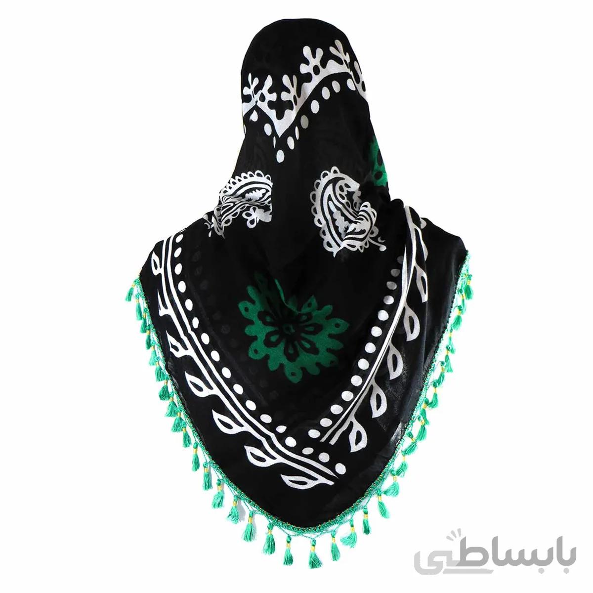 روسری سنتی کردستان زمینه مشکی منگوله دار سبز 1.5 متری