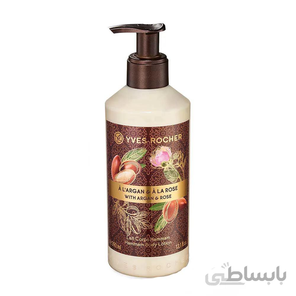 لوسیون بدن ایوروشه حاوی روغن آرگان و گل رز در حجم 390 میلی لیتر ا yves rocher body lotion containing argan oil and rose 390ml