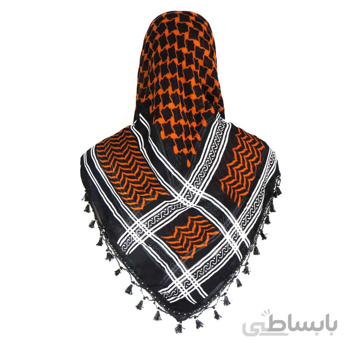 روسری سنتی رنگ نارنجی منگوله ی مشکی 1.5 متری