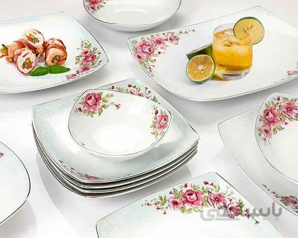 سرویس غذاخوری 6 نفره 30 پارچه چینی پردیس کاشان قالب پاریس طرح آلما فیروزه ای کد 172F