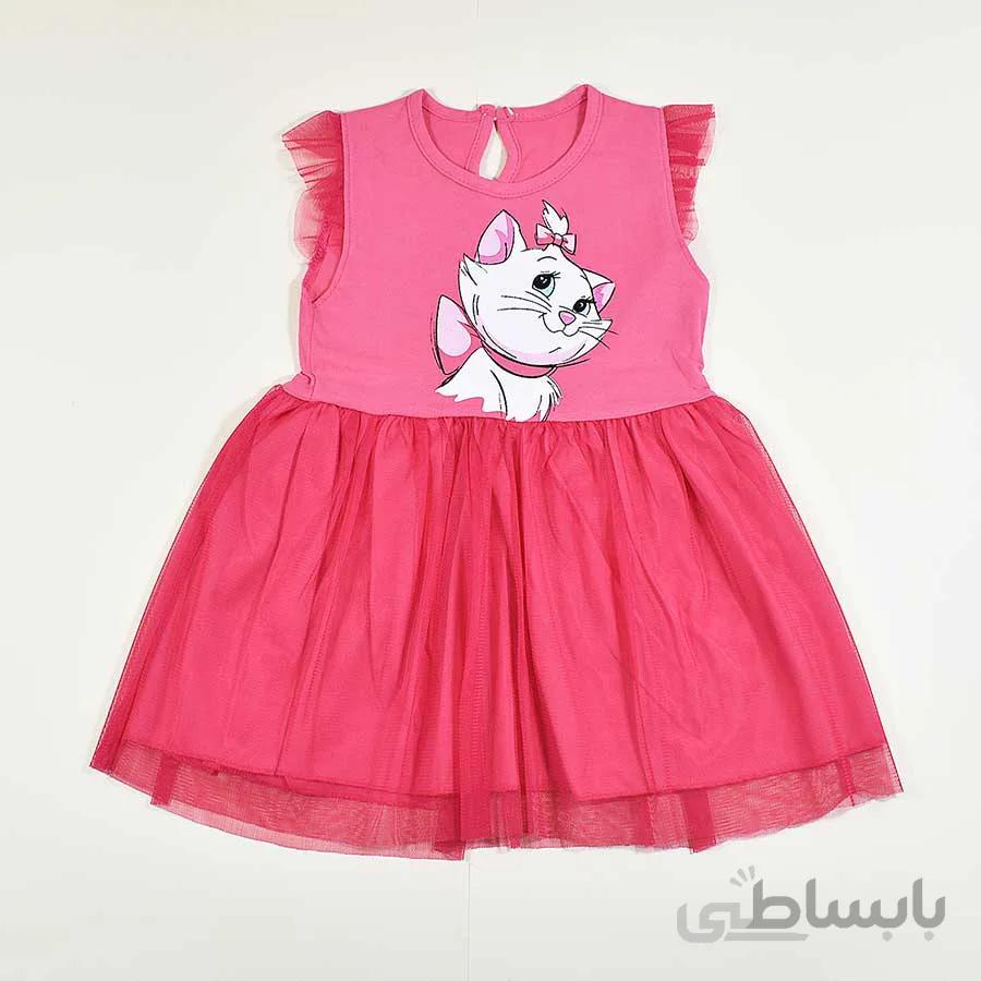 سارافون دخترانه بچه گانه توردار طرح گربه کد 2339