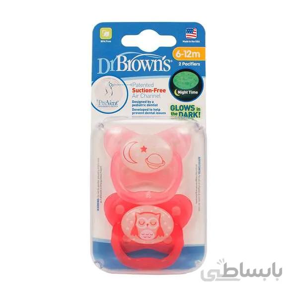 پستانک ارتودنسی 6-18 ماه صورتی شب رنگ دکتر براونز Dr Browns