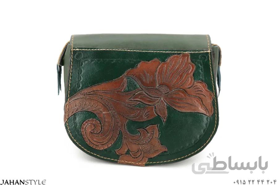کیف دوشی چرم طبیعی قلم زنی یشمی