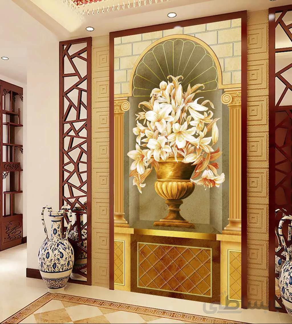 کاغذ دیواری سه بعدی نقاشی ستون ها و گلدان