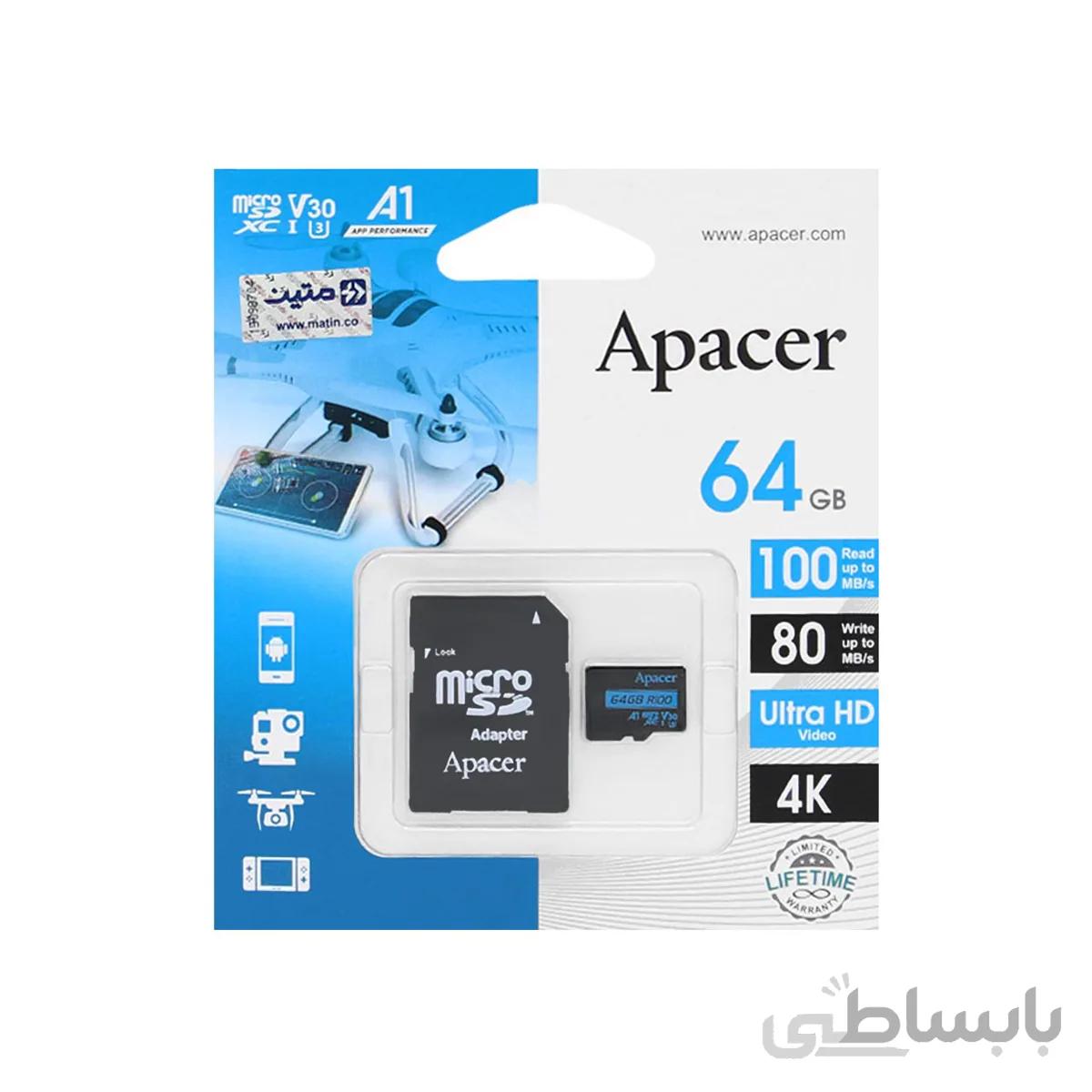 Apacer A1 microSDXC & adapter V30 U3 -80MB/s-64GB(گارانتی متین)