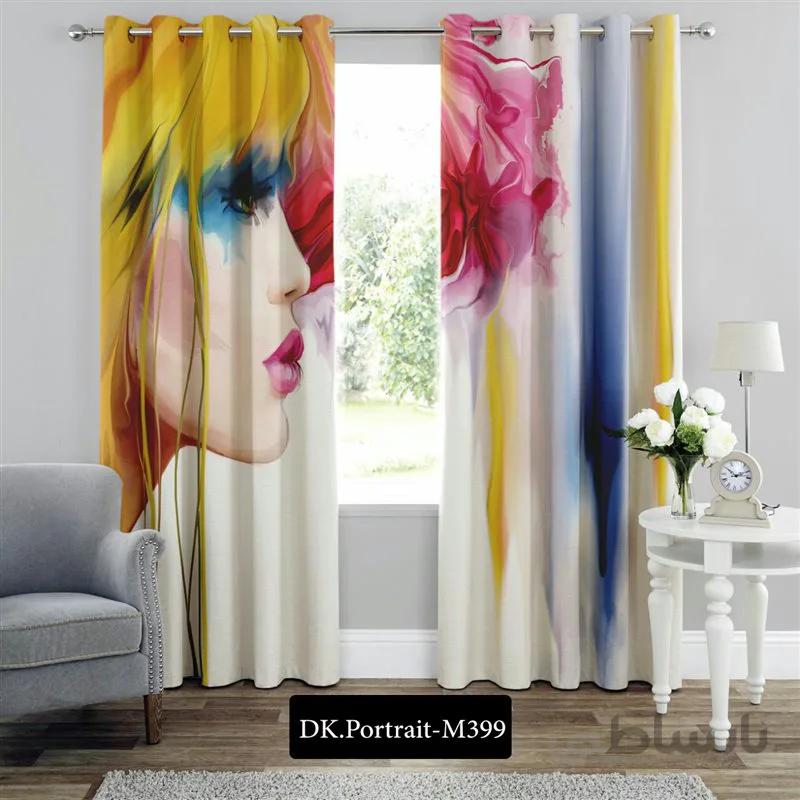 پرده پانچی (هازان و مخمل) کد DK.Portrait.M399 طرح چهره دختر آبرنگی