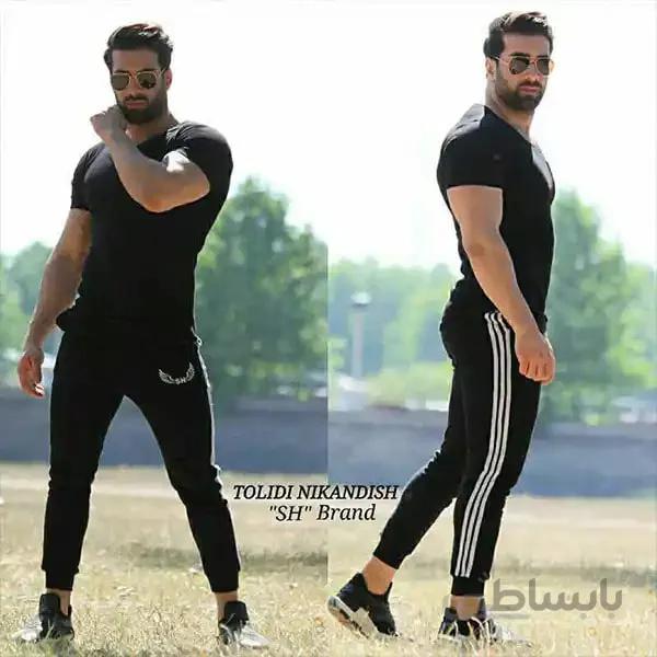 ست مردانه تیشرت آستین کوتاه و شلوار اسلش طرح سه خط رنگ مشکی ا Men's set of short-sleeved T-shirt and slash pants with three black lines