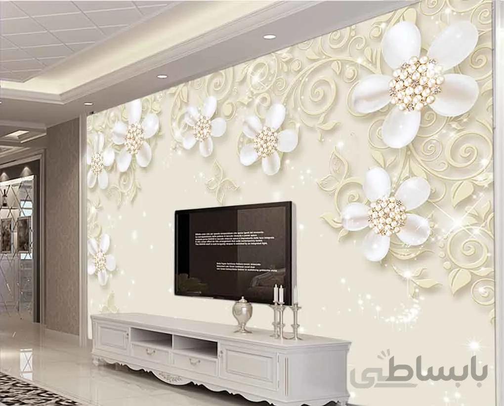 کاغذ دیواری سه بعدی گل های زیبای سفید