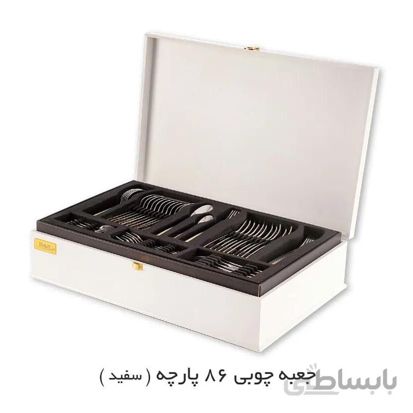 سرویس قاشق و چنگال 18 نفره ناب استیل طرح ونیز دور طلایی (86 پارچه) بعلاوه کنسول چوبی