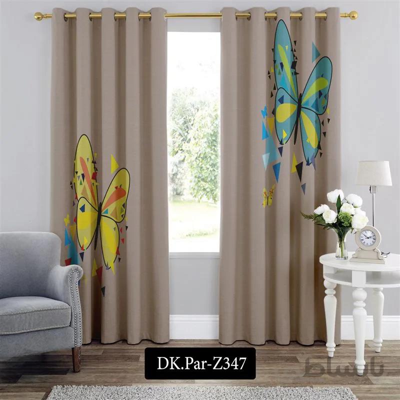 پرده پانچی (هازان و مخمل)کد DK.Par.Z347 طرح پروانه های هندسی