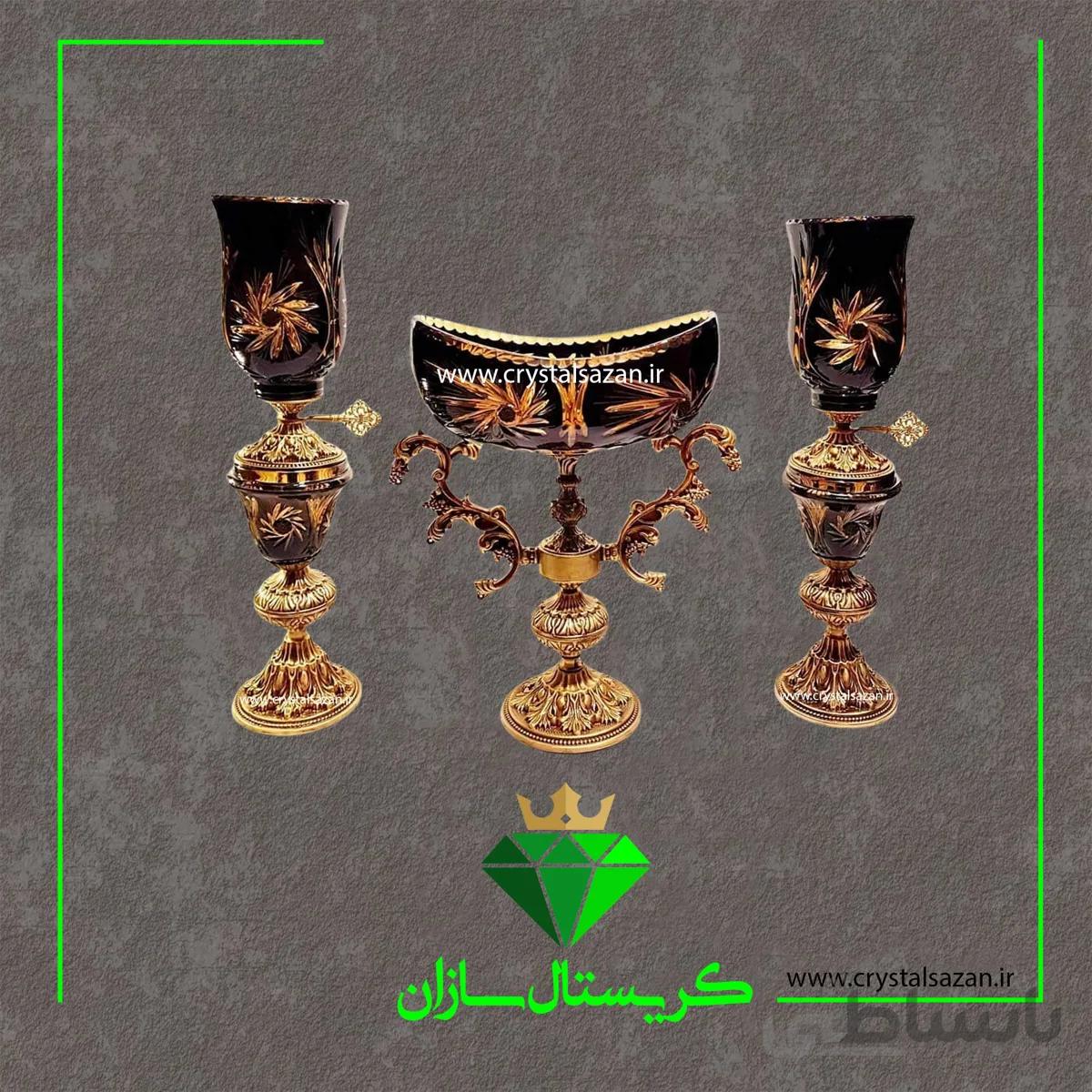 سه تیکه شمعدان و کشکول دو پوست مدل تابان کریستال سازان مشکی کد CS1240