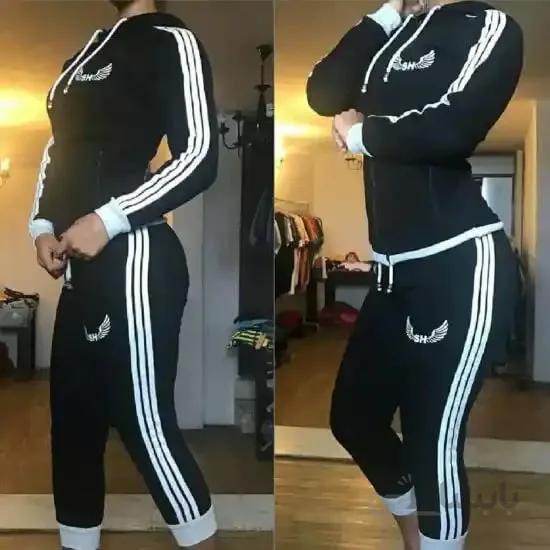 ست زنانه کد 039 هودی و شلوار طرح سه خط جنس دورس رنگ مشکی ا Girl's set made of full-length Dors