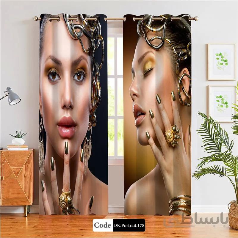 پرده پانچی (هازان و مخمل) کد DK.Portrait.178 طرح چهره زن با تاج فلزی