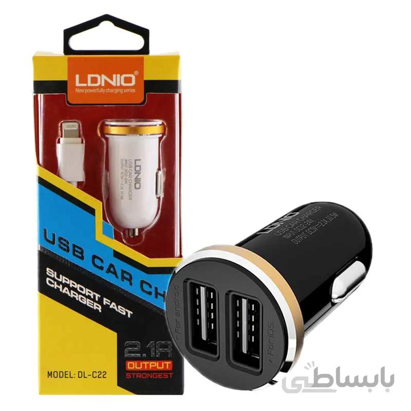 شارژر فندکی LDNIO DL-C22 2.1A + کابل آیفونی ا LDNIO DL-C22 2.1A Car Charger + Lightning Cable