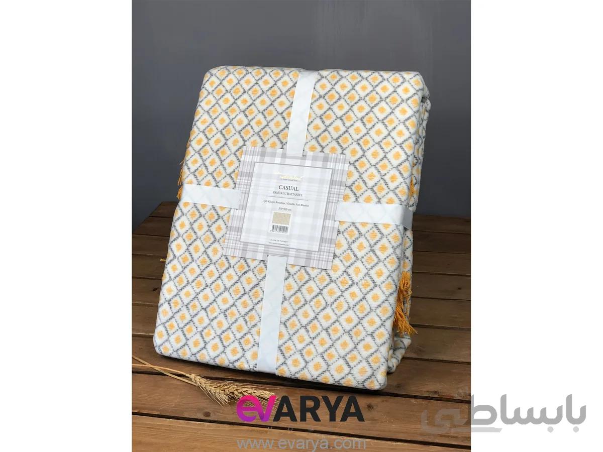 پتو بافت پنبه ای دو نفره برند iyi gecelar istanbul مدل casual طرح لوزی رنگ خردلی
