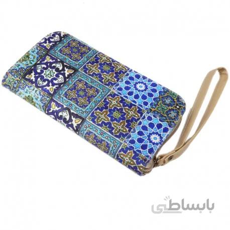 کیف پول بند دار مخمل چند کاشی آبی