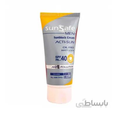 کرم ضد آفتاب فاقد چربی spf40 آقایان سان سیف مناسب برای انواع پوست 50 گرم ا Sunsafe Acti Sun spf40 Oil free For Men 50 g