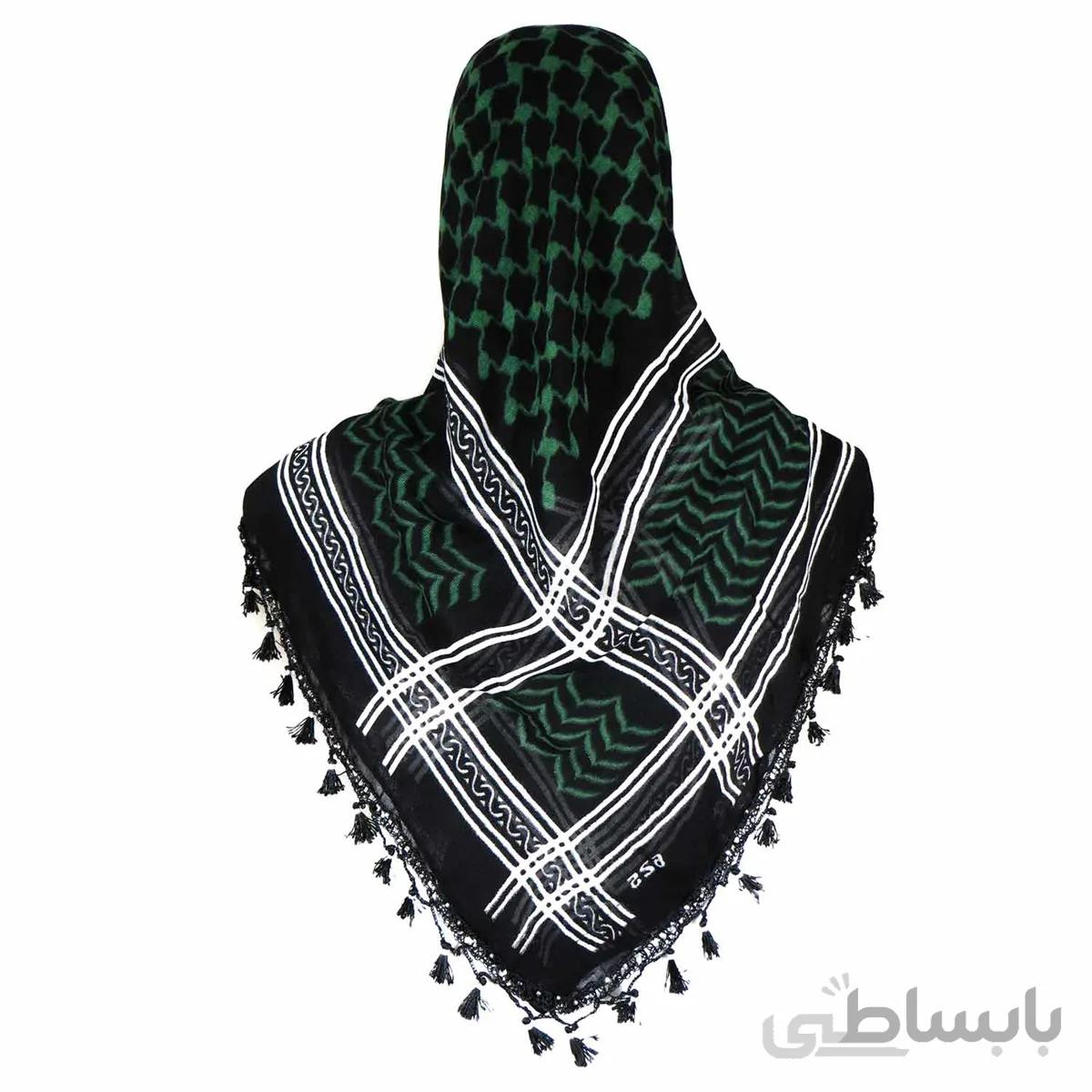 روسری سنتی رنگ سبز منگوله ی مشکی 1.5 متری