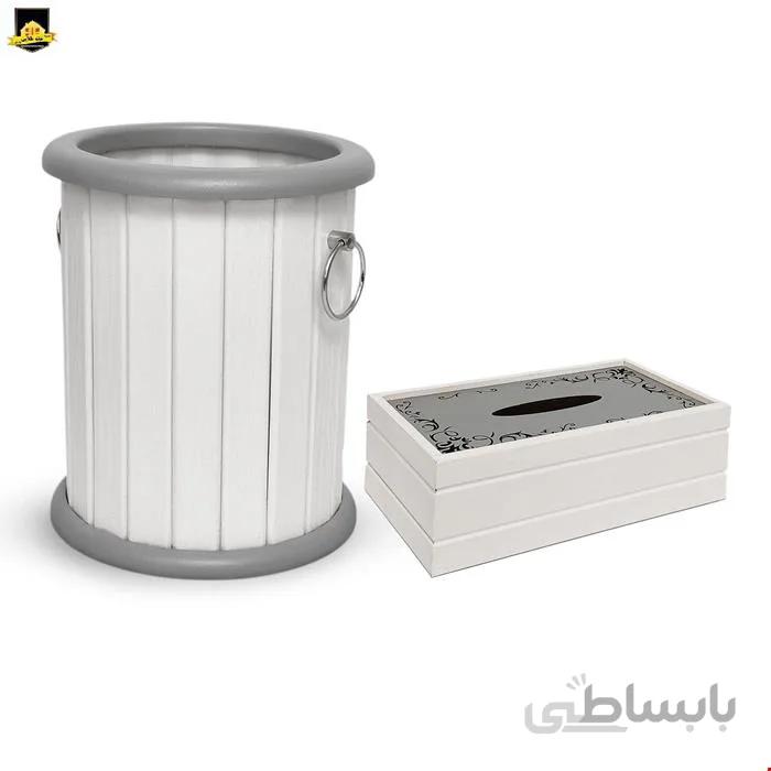 ست سطل و جای دستمال کاغذی مدل هوگو رنگ سفید نقره ای