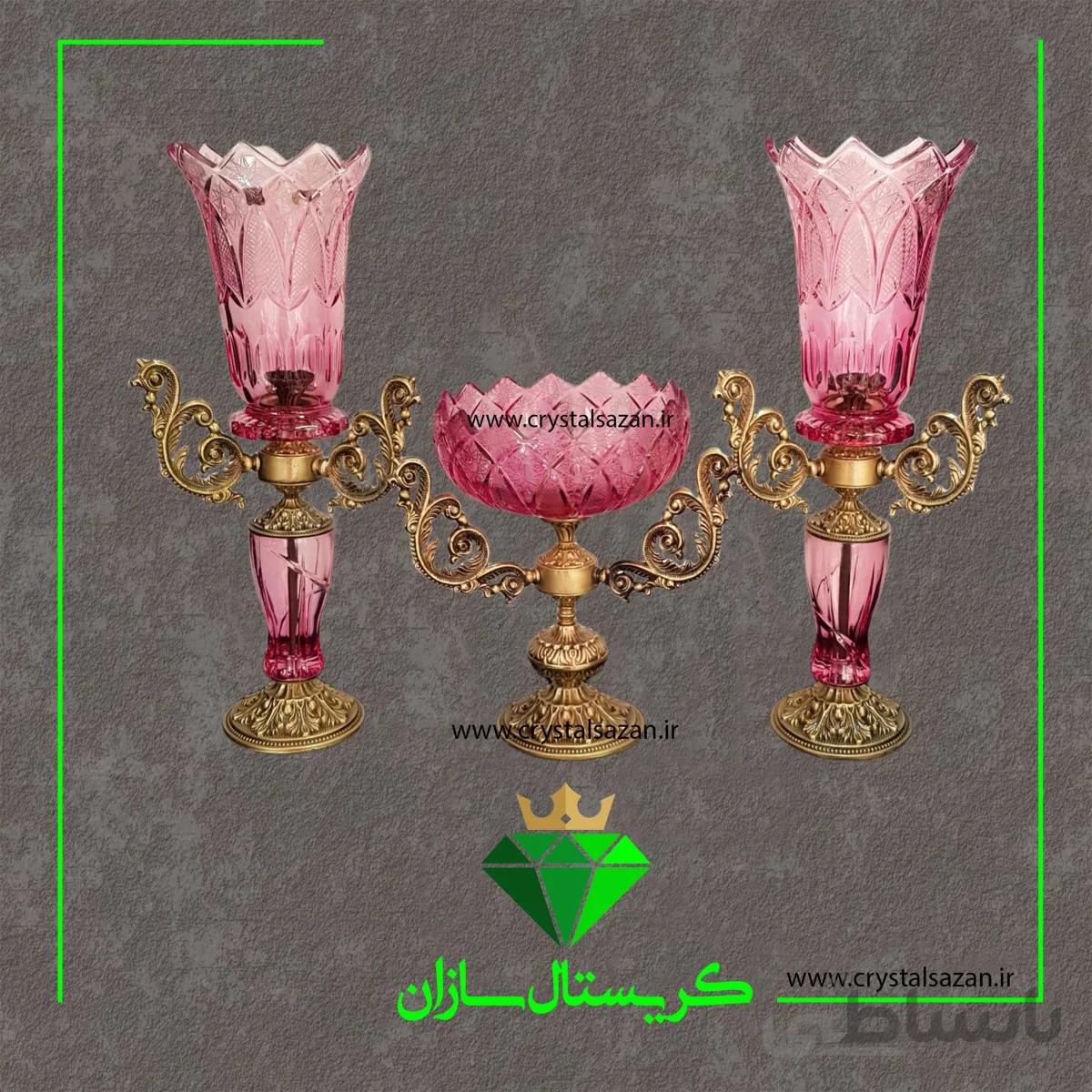 سه تیکه شمعدان و میوه خوری مدل برلیان کریستال سازان صورتی رنگ کد CS1246