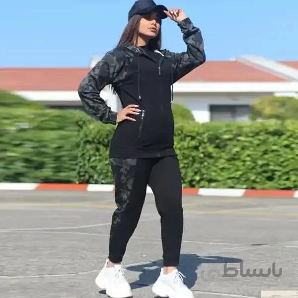 ست زنانه کد 220 هودی و شلوار طرح چیریکی جنس دورس رنگ مشکی ا Women's set, code 220, hoodie and chirpy design pants, made of black Dors