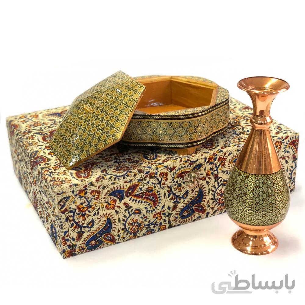 ست گلدان مس و خاتم 25 سانتی و جعبه خاتم کاری شش گوش