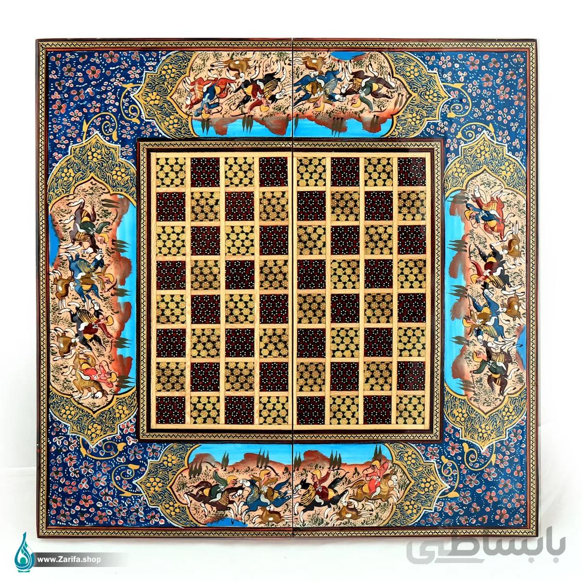 تخته نرد خاتم با نقاشی شکار و تذهیب ۴۰*۴۰