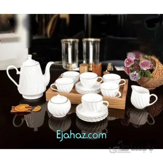 سرویس 17 پارچه چای خوری چینی لمون طرح پیچ لب طلا