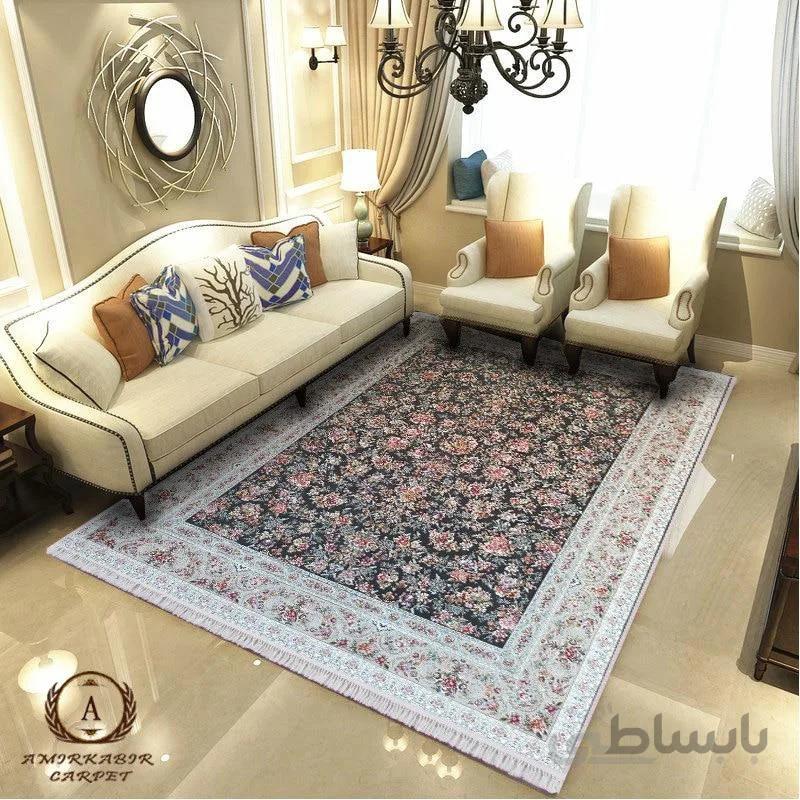 فرش ۱۲۰۰ شانه طرح بهشت ذغالی گل برجسته