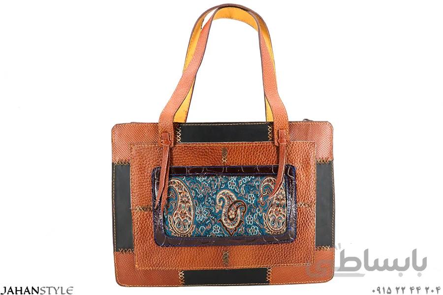 کیف دستی چرم طبیعی چهلتکه ترمه دوزی کد 588115