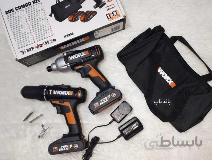 پک دوقلو دریل شارژی چکشی و پیچ بند تقه ای ورکس مدل wx386.9 ا Twin pack of rechargeable hammer drill and wedge screw Worx