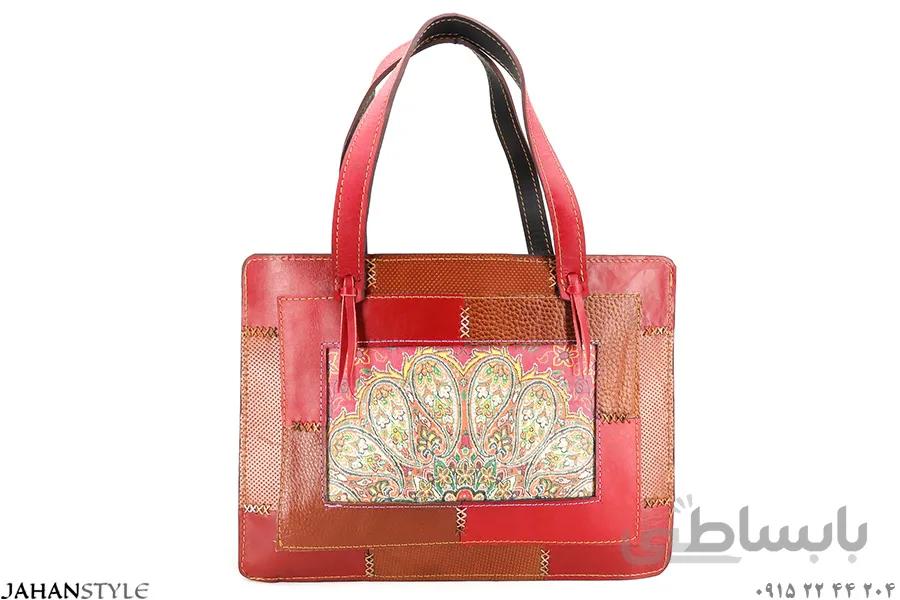 کیف دستی چرم طبیعی چهل‌تکه ترمه دوزی کد 588116