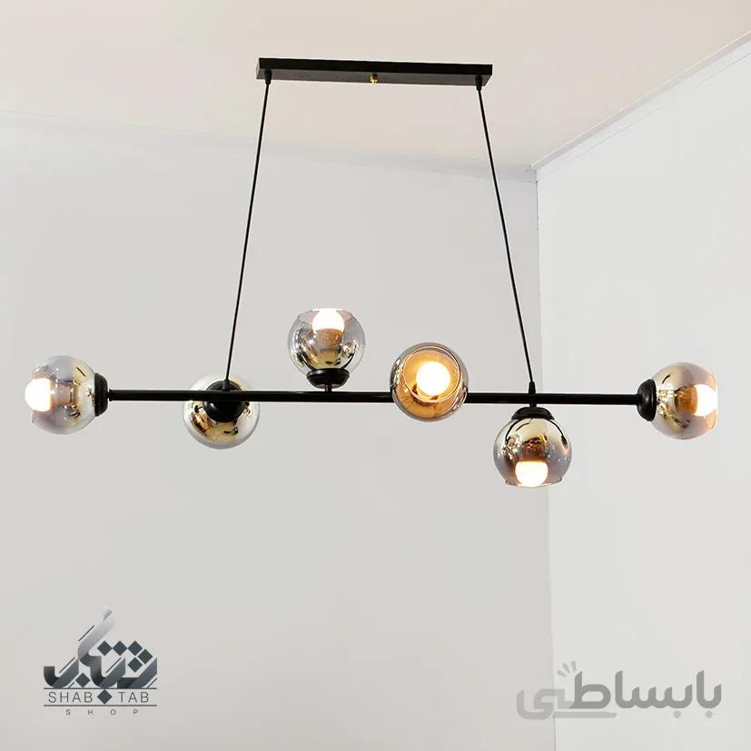 لوستر آویز قلمی خطی شش شعله نامنظم حباب دودی