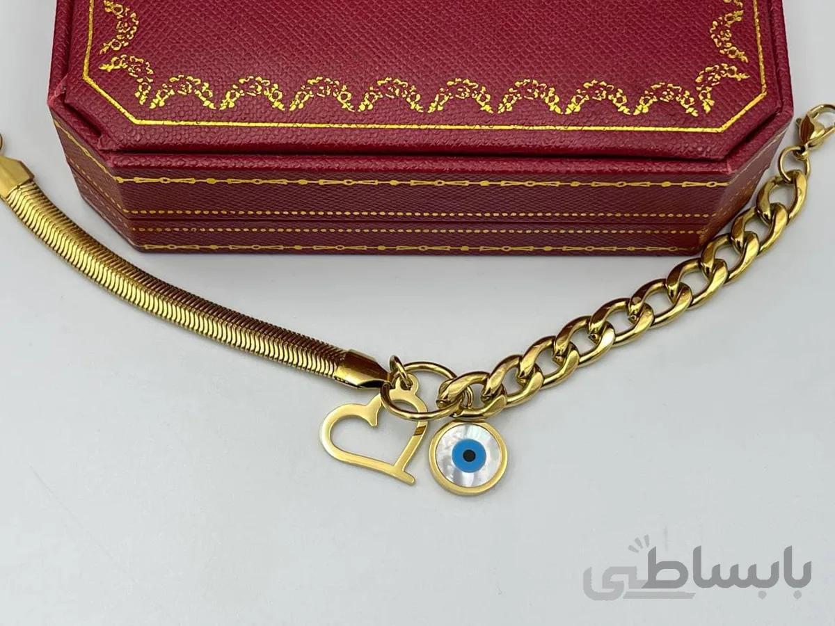 دستبند چشم نظر و قلب با زنجیر ماری و کارتیر