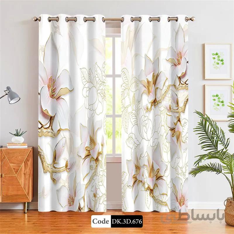 پرده پانچی (هازان و مخمل)کد DK.3D.676 طرح سه بعدی غنچه های طلایی