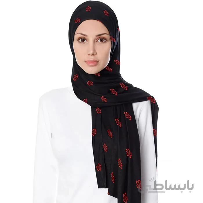 شال حریر مشکی گلدوزی گل قرمز