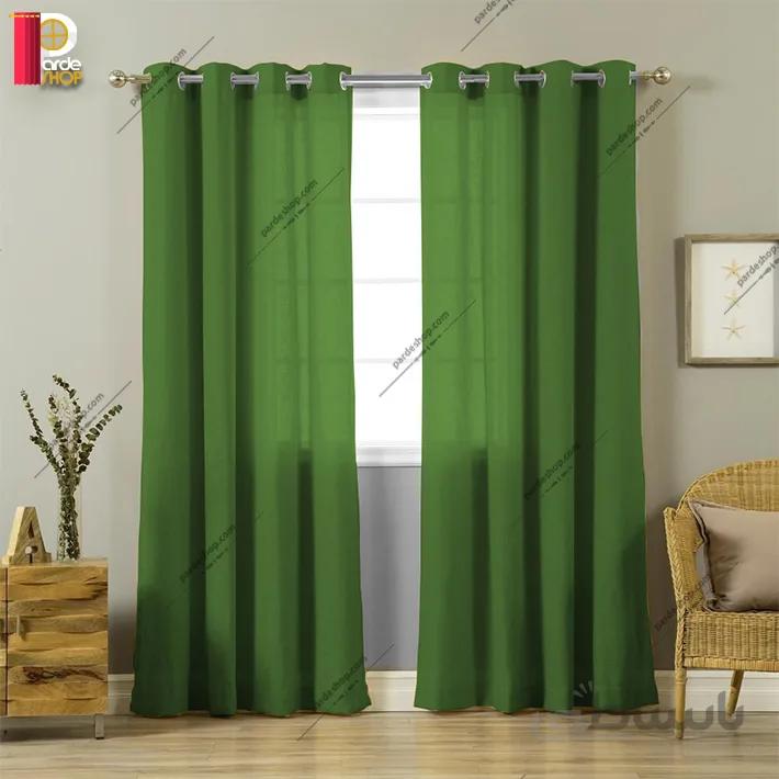 یک پنل (یک سمت عکس) پرده کتان بافتدار سبز زیتونی ارتفاع ۲۸۴ سانتی متر