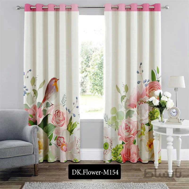 پرده پانچی (هازان و مخمل)کد DK.Flower.M154 طرح گل و منظره گل و بلبل