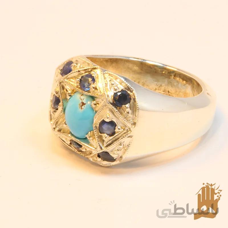 انگشتر فیلی اسپرت نگین مخراجی یاقوت کبود و فیروزه نیشابوری