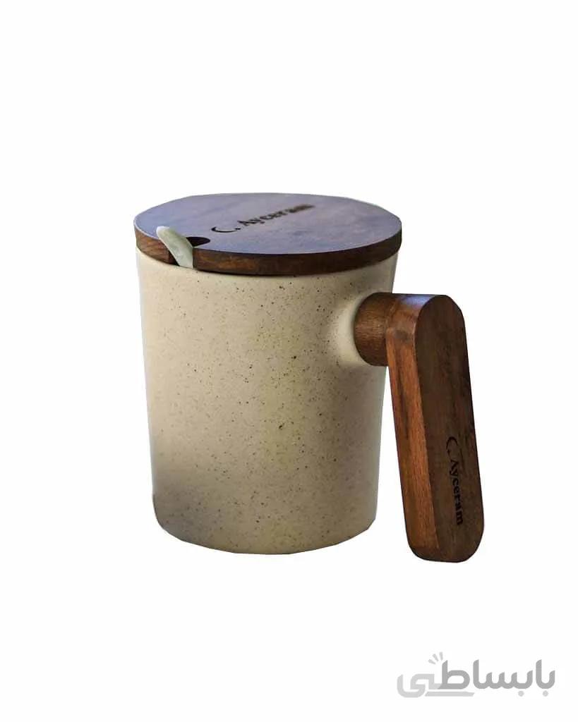 ماگ درب دار دسته چوبی