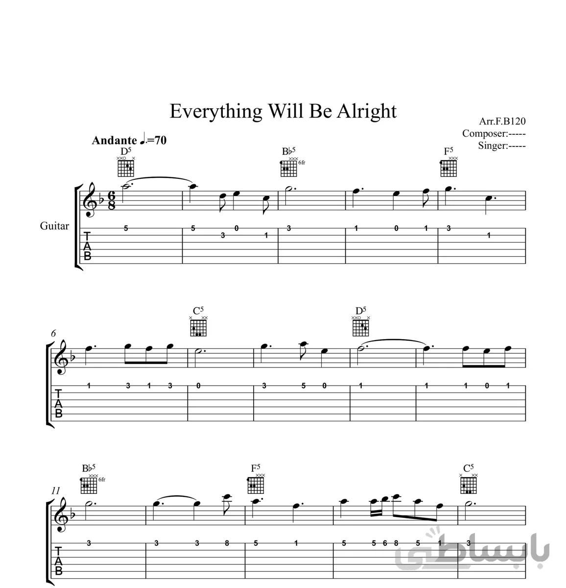 نت گیتار Everything Will Be Alright از Niklas Ahlstedt