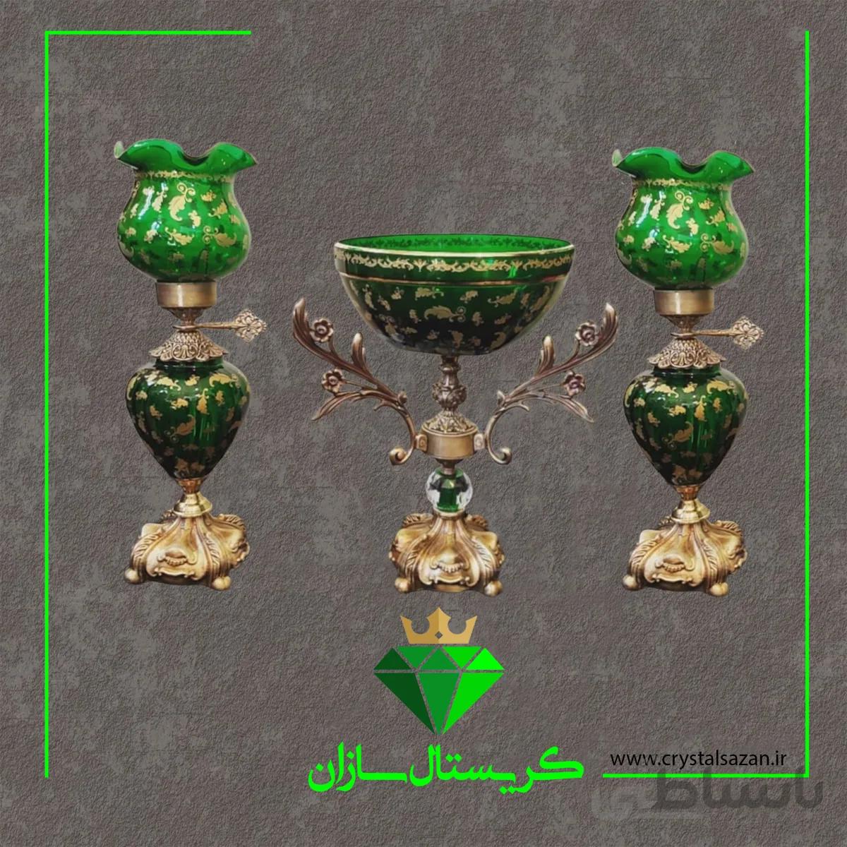 سه تیکه چراغ نفتدان و کاسه پایه دار کریستال سازان مدل برگ زرین سبز کد CS1267
