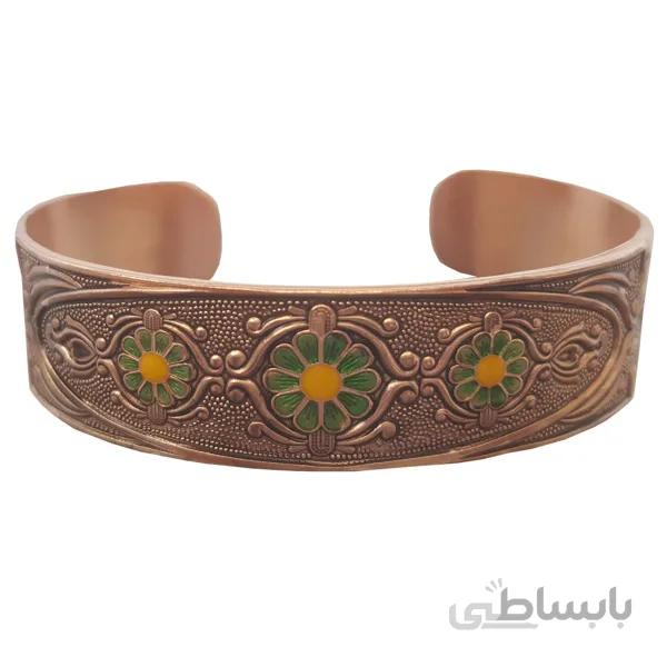 دستبند مسی طرح لوتوس میناکاری سبز زرد کد JW108