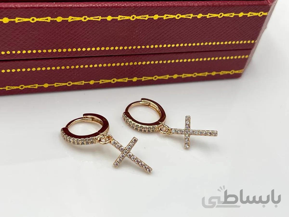 گوشواره ژوپینگ آویز صلیب نگین کاری شده